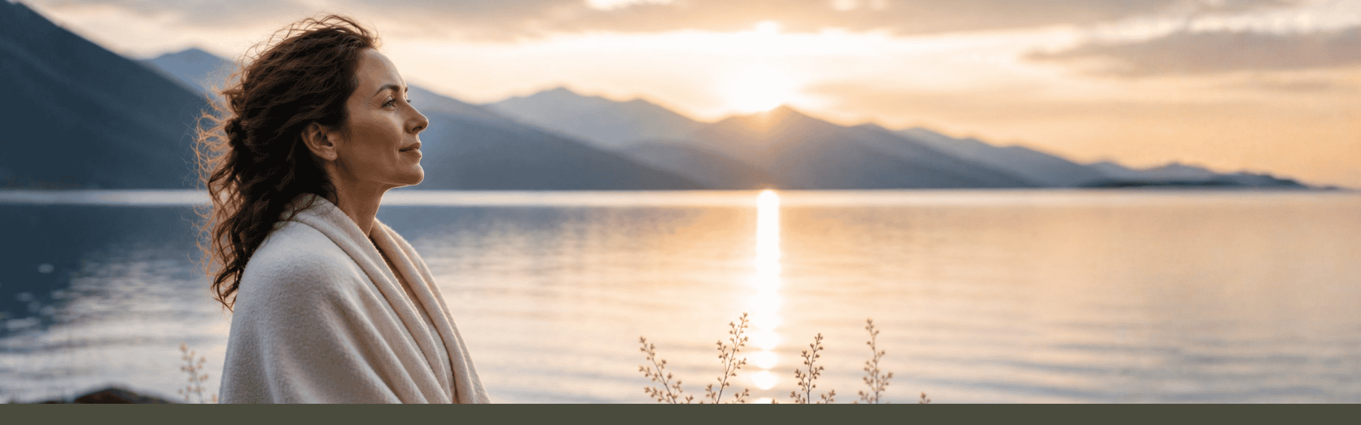 Woman sitting peacefully beside Kootenay Lake at sunset
